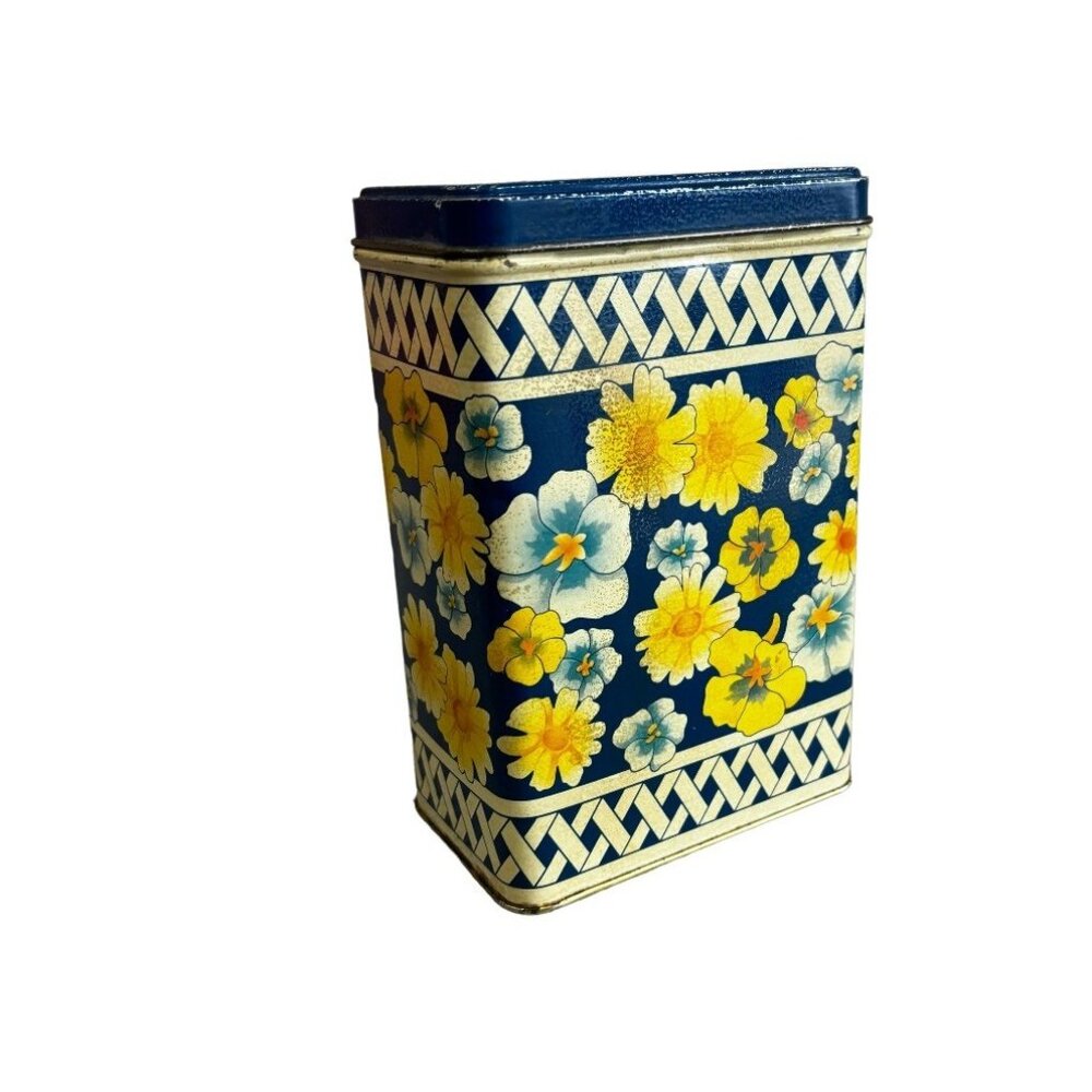 Vintage Floral Blue and Yellow Storage Tin Metal Box Equal Sweetener 1989 6” 80s